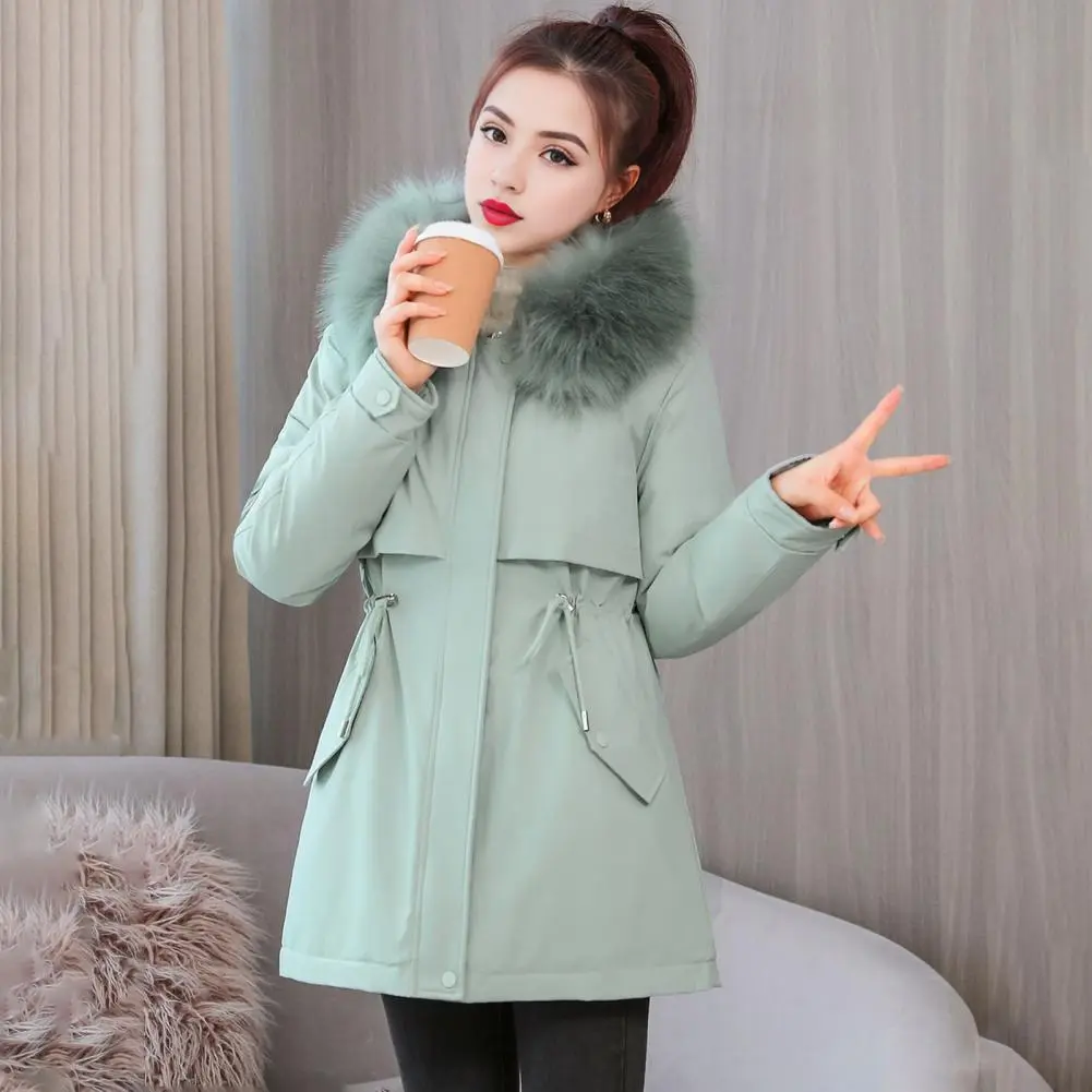 Thickened Padded Plush Women Parkas Winter Down Coat Hood Mid Length Down Jacket Pockets Drawstring Cotton Jacket Women Coat