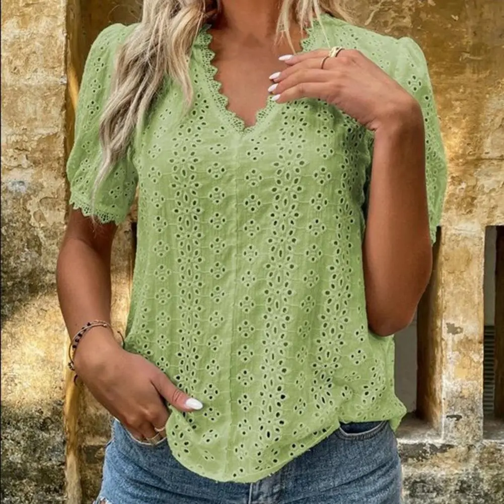 Women Blouse V-Neck Short Sleeve Blouse Solid Color Lace Spliced Hollow Summer Casual Loose Pullover Sweat Absorbing Blouse