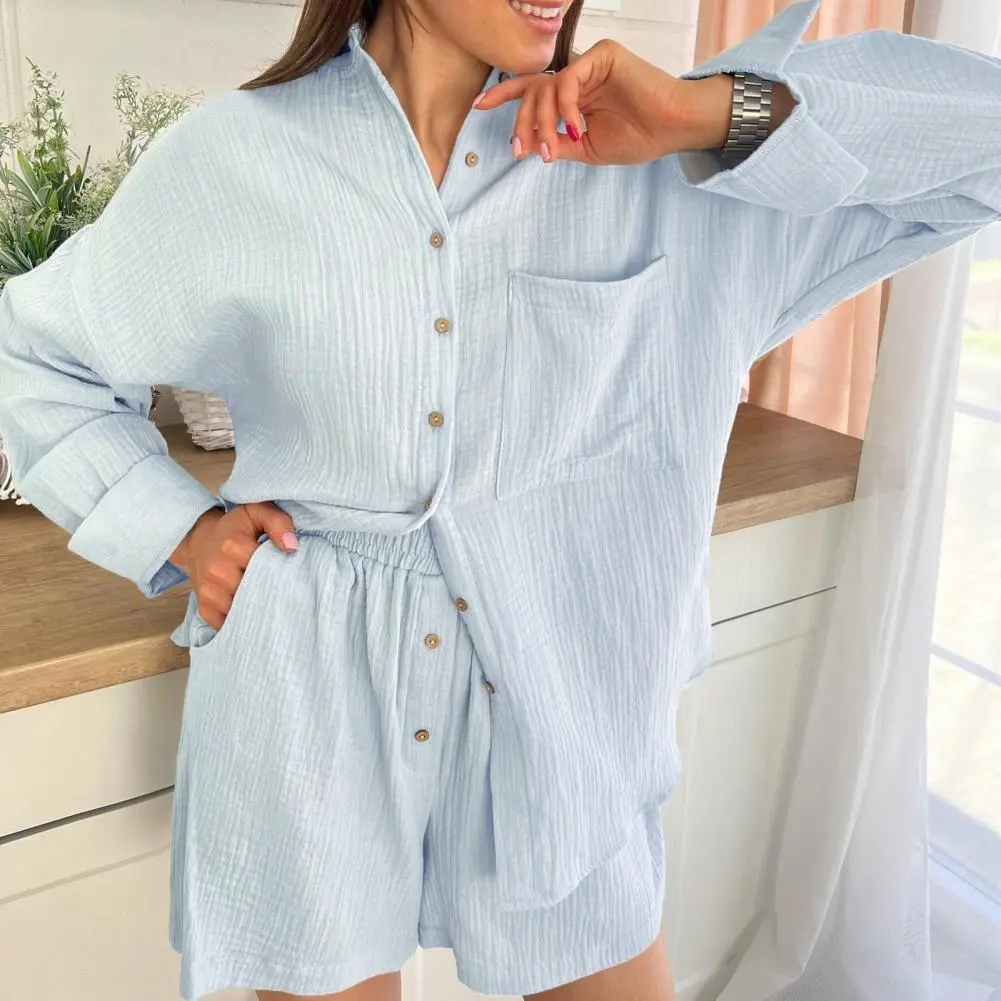 Pleated Women Shirt Shorts Set Casual Loose Women's Cotton Suit Long Sleeve Two Piece Set Women Tracksuit Suit Shirt and Shorts