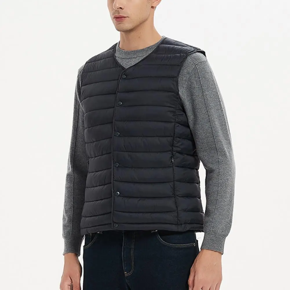 Men Down Cotton Vest Solid Color Padded Winter Vest Sleeveless Single-breasted V Neck Windproof Winter Waistcoat Men Winter Coat