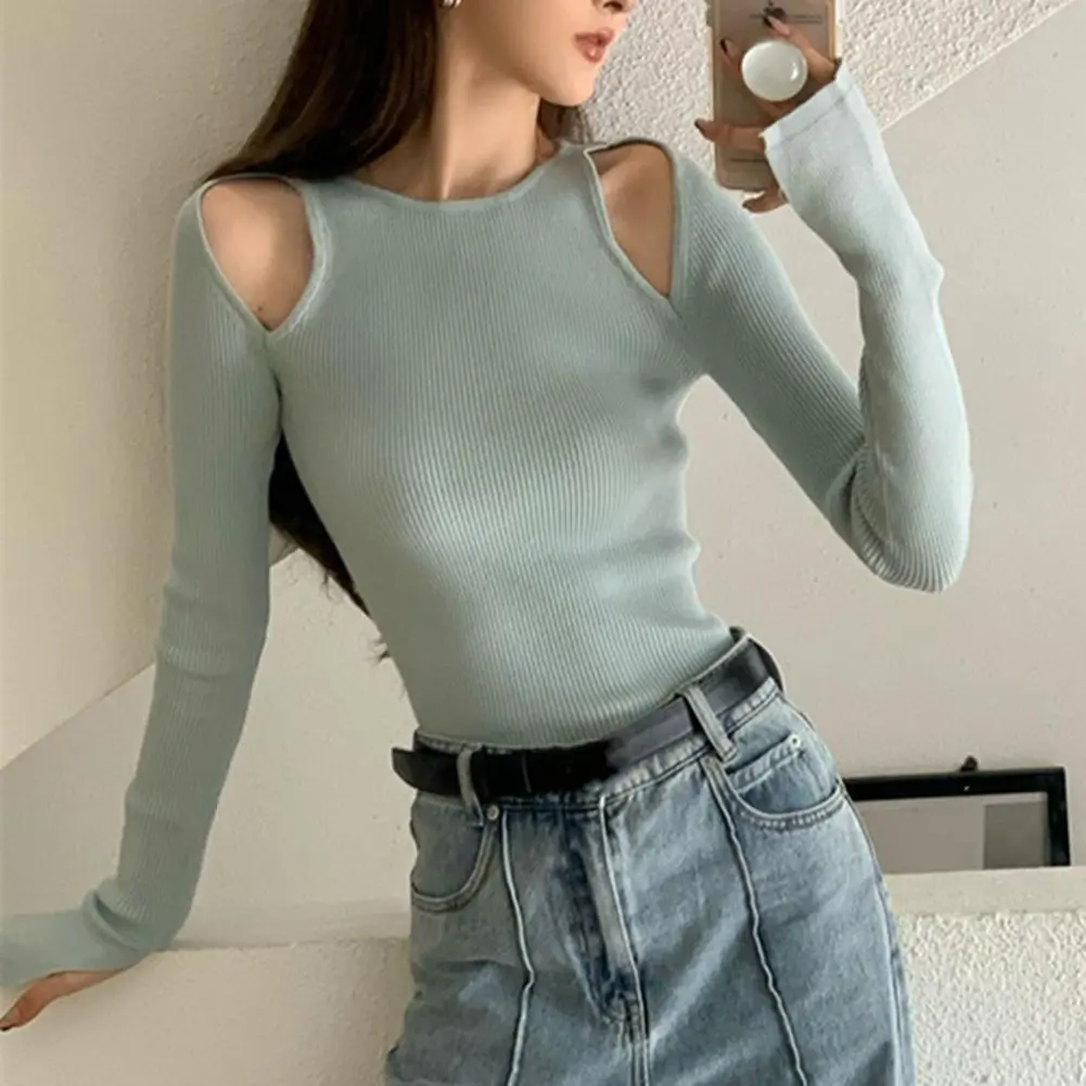 Sexy Ribbed O Neck Knit Long Sleeve Crop Tops Skinny Blouse Women Shoulder Cut Out Pullover T shirt Korean Fashion T Shirts