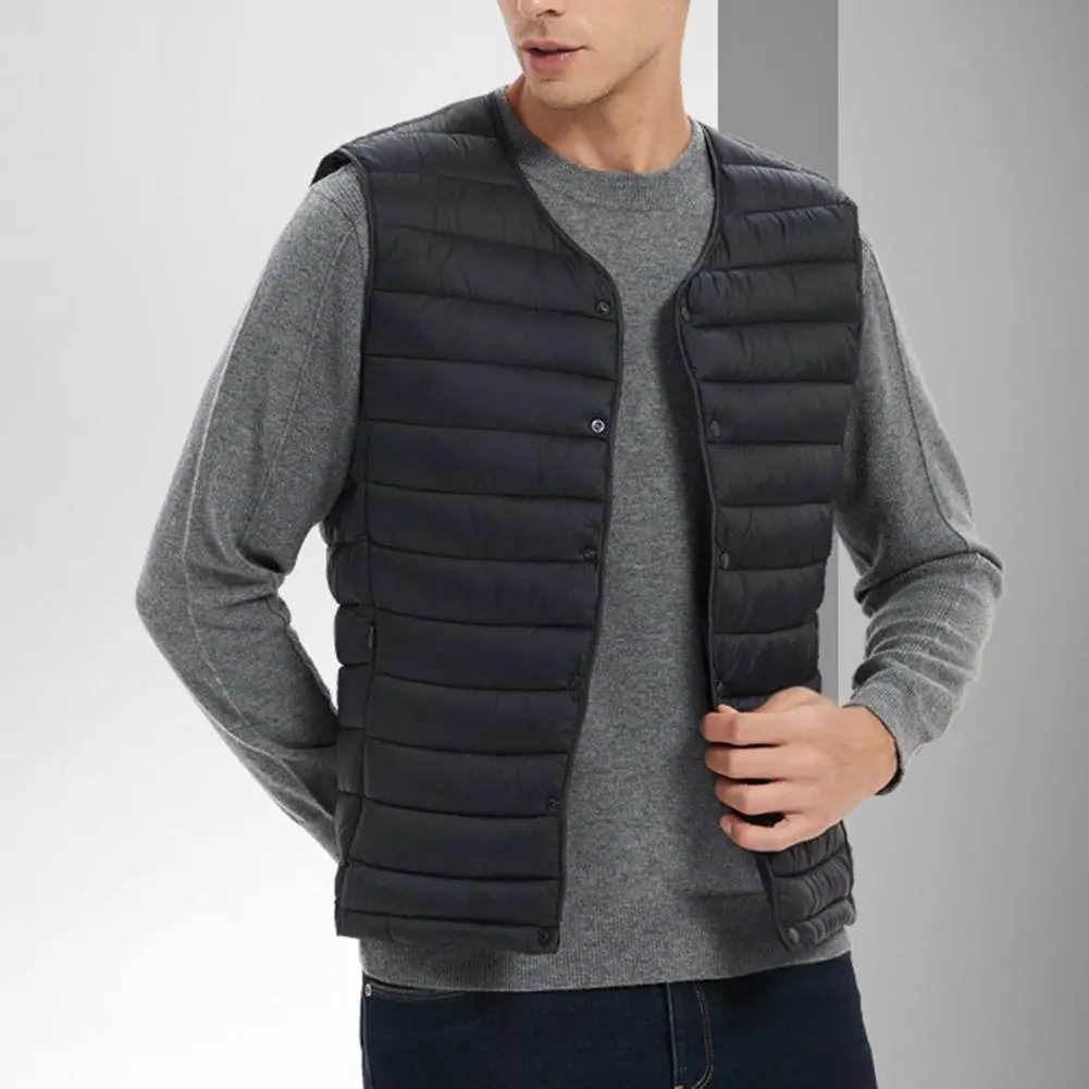 Men Down Cotton Vest Solid Color Padded Winter Vest Sleeveless Single-breasted V Neck Windproof Winter Waistcoat Men Winter Coat