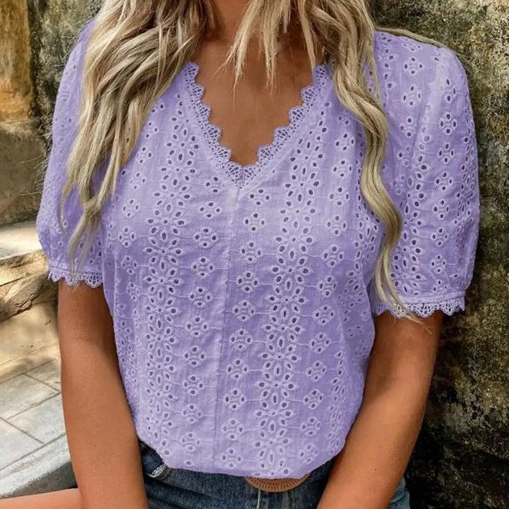 Women Blouse V-Neck Short Sleeve Blouse Solid Color Lace Spliced Hollow Summer Casual Loose Pullover Sweat Absorbing Blouse