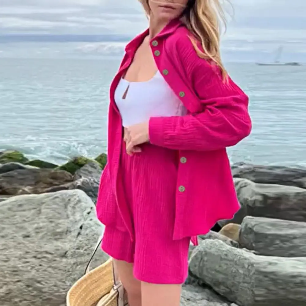 Pleated Women Shirt Shorts Set Casual Loose Women's Cotton Suit Long Sleeve Two Piece Set Women Tracksuit Suit Shirt and Shorts