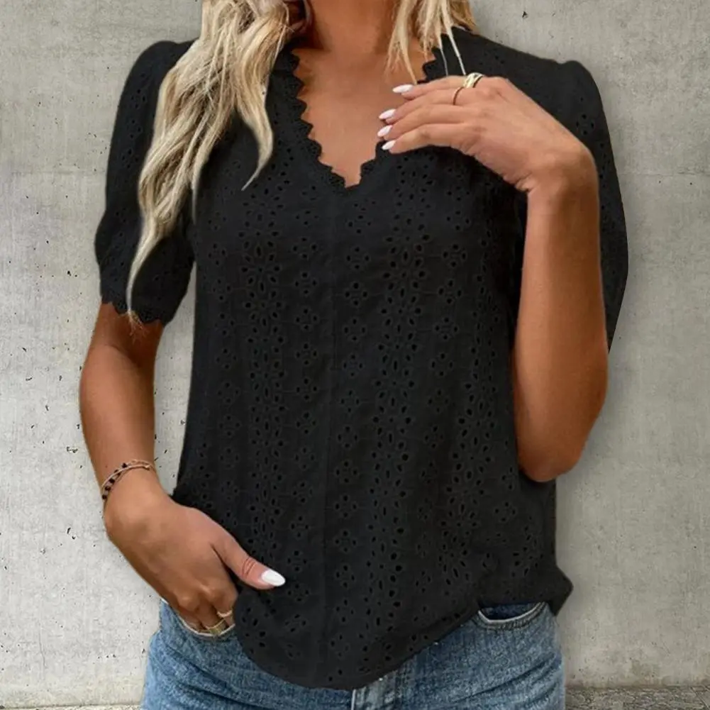 Women Blouse V-Neck Short Sleeve Blouse Solid Color Lace Spliced Hollow Summer Casual Loose Pullover Sweat Absorbing Blouse