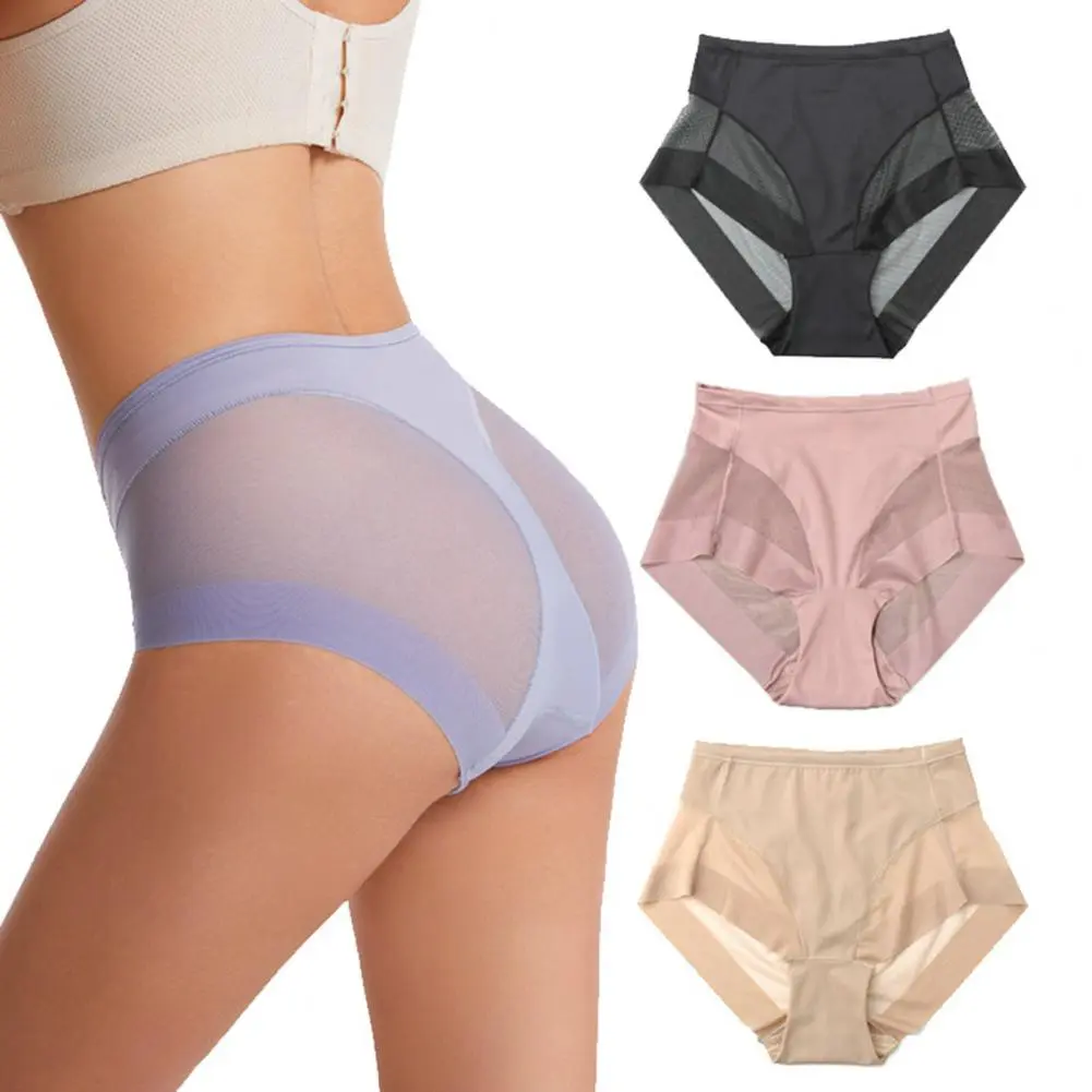 Women High-waisted Briefs Lightweight Nylon Spandex Underwear Comfortable Women's Mid-rise Mesh Yarn Splicing Panties for Sleep