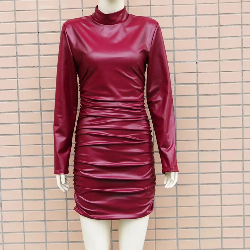 Faux Leather Turtleneck Party Dress Sexy Party Bodycon Pu Leather Hip Wrap Short Dress Long Sleeve Sundress Female Pencil Dress