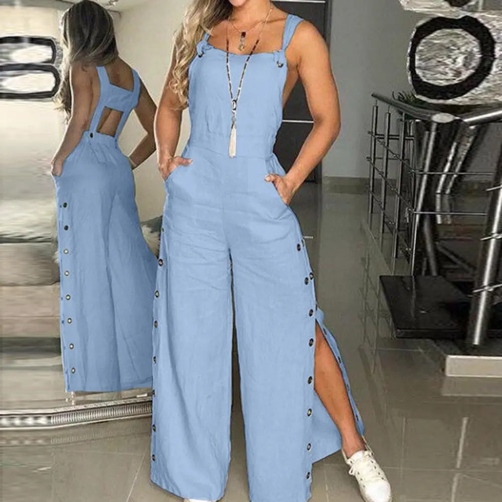 Sexy Suspender Straight Leg Jumpsuit Sleeveless Sexy Romper Lady Jumpsuit Side Pocket Slit Button Commuter Jumpsuit Causal Pants