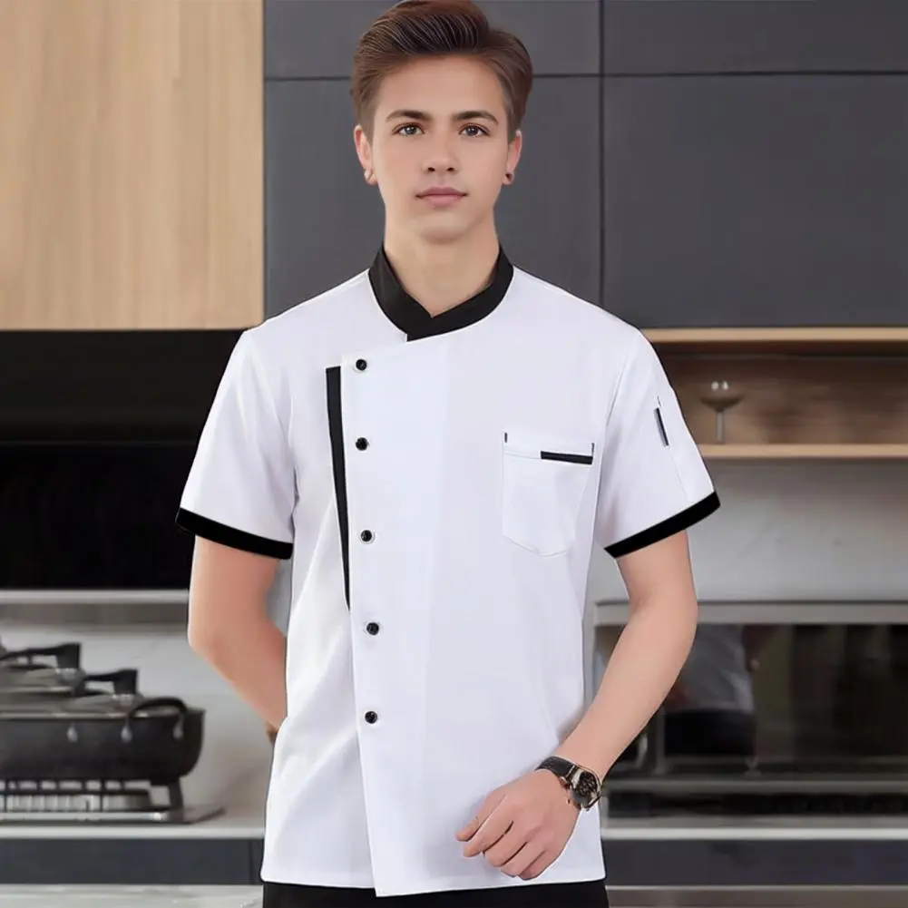 Unisex Chef Shirt Soft Stand Collar Short Sleeves Chest Pockets Restaurant Diner Kitchen Cook Top Bakery Hotel Waiter Uniform