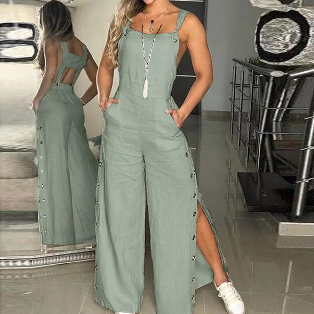 Sexy Suspender Straight Leg Jumpsuit Sleeveless Sexy Romper Lady Jumpsuit Side Pocket Slit Button Commuter Jumpsuit Causal Pants