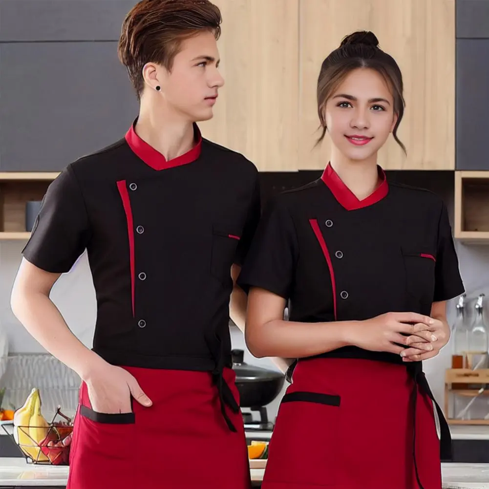 Unisex Chef Shirt Soft Stand Collar Short Sleeves Chest Pockets Restaurant Diner Kitchen Cook Top Bakery Hotel Waiter Uniform
