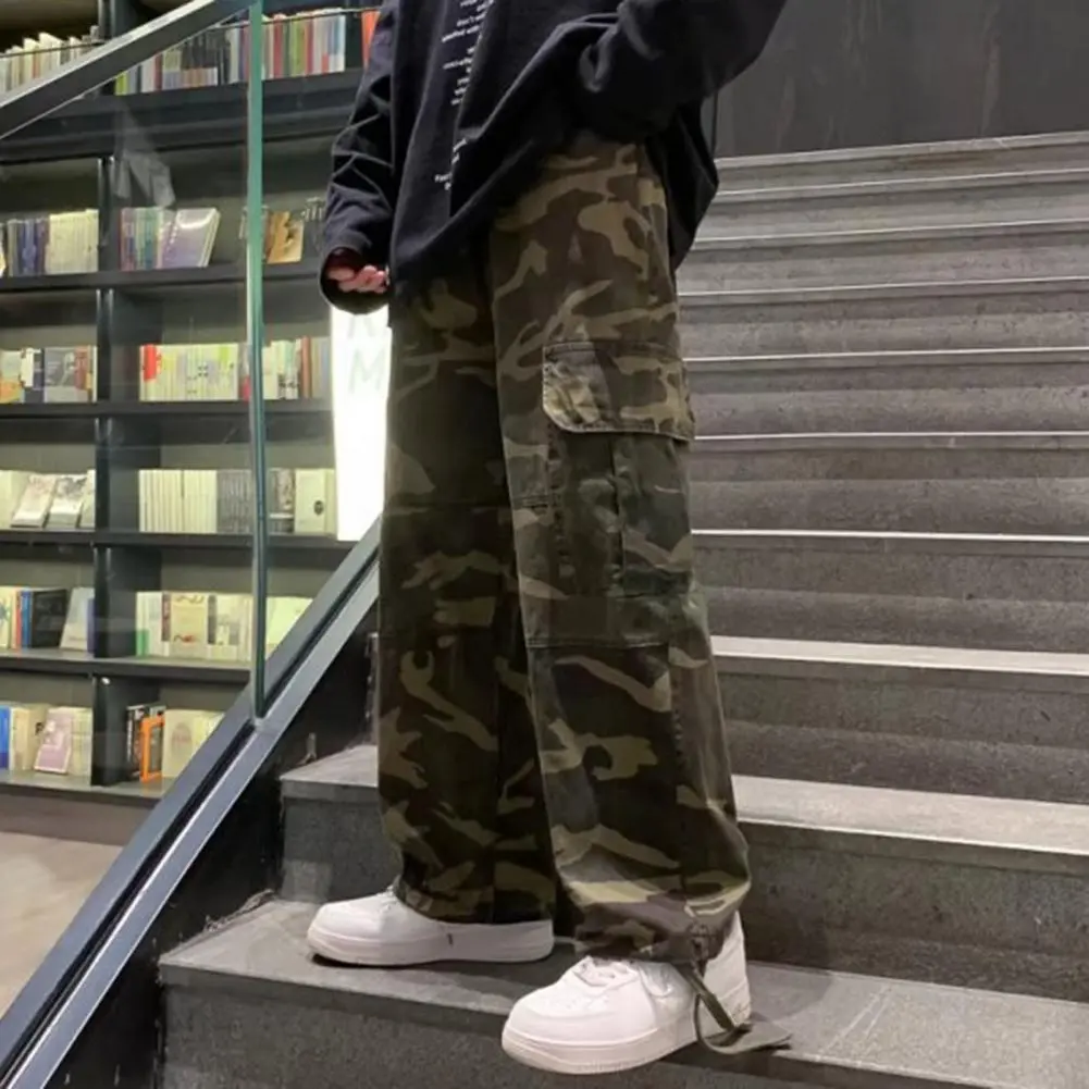 Camouflage Pants For Men Korean Fashion Men Baggy Pants Multiple Pockets Ankle Tied Loose Straight Wide Leg Pants calça cargo