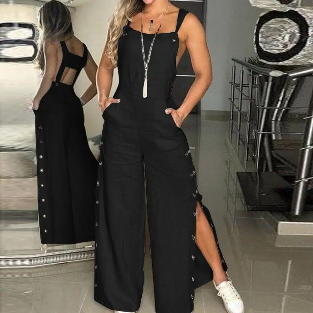 Sexy Suspender Straight Leg Jumpsuit Sleeveless Sexy Romper Lady Jumpsuit Side Pocket Slit Button Commuter Jumpsuit Causal Pants