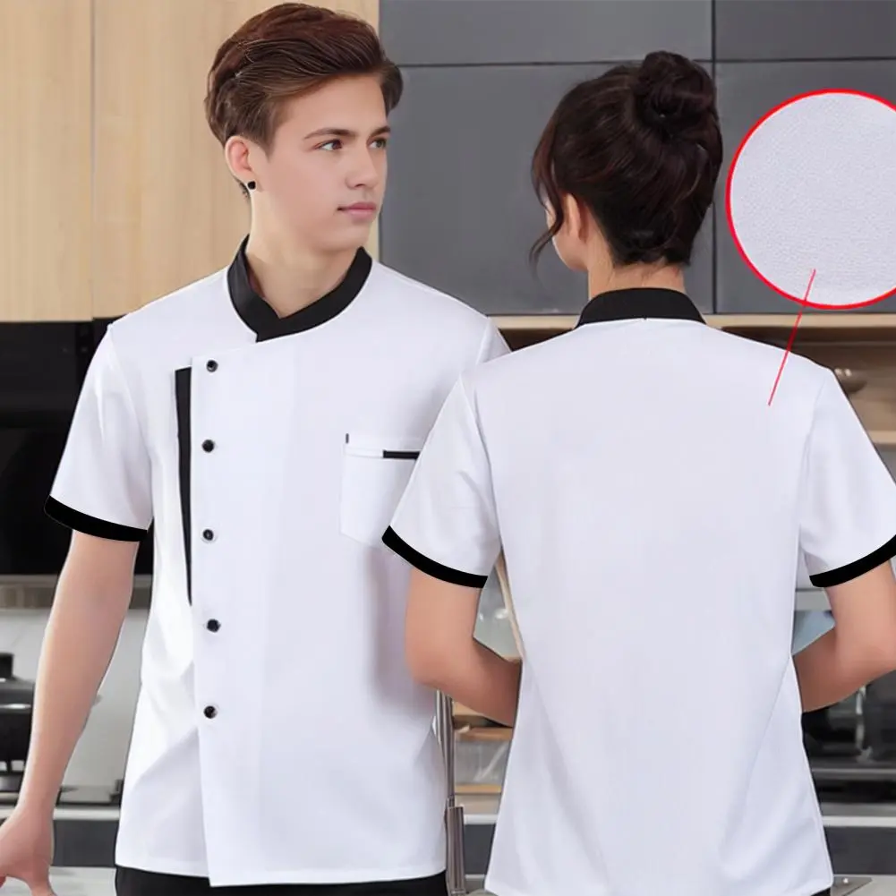 Unisex Chef Shirt Soft Stand Collar Short Sleeves Chest Pockets Restaurant Diner Kitchen Cook Top Bakery Hotel Waiter Uniform