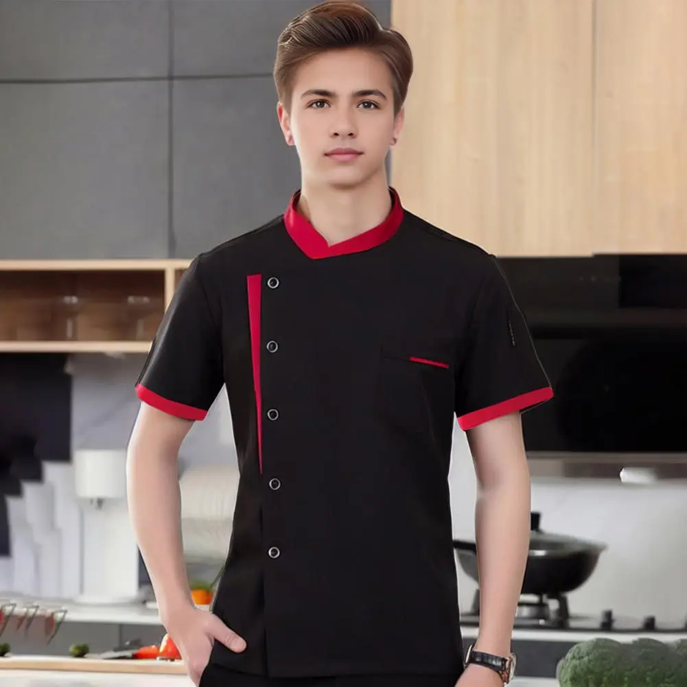 Unisex Chef Shirt Soft Stand Collar Short Sleeves Chest Pockets Restaurant Diner Kitchen Cook Top Bakery Hotel Waiter Uniform