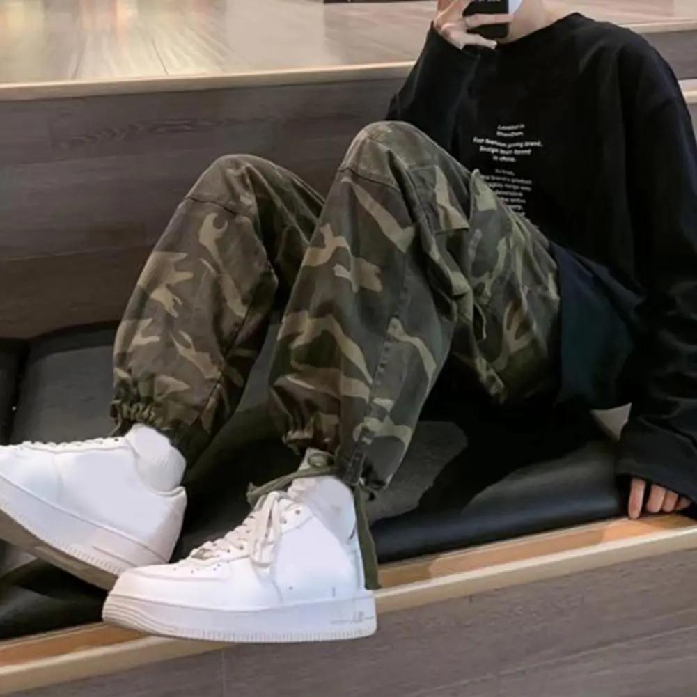 Camouflage Pants For Men Korean Fashion Men Baggy Pants Multiple Pockets Ankle Tied Loose Straight Wide Leg Pants calça cargo