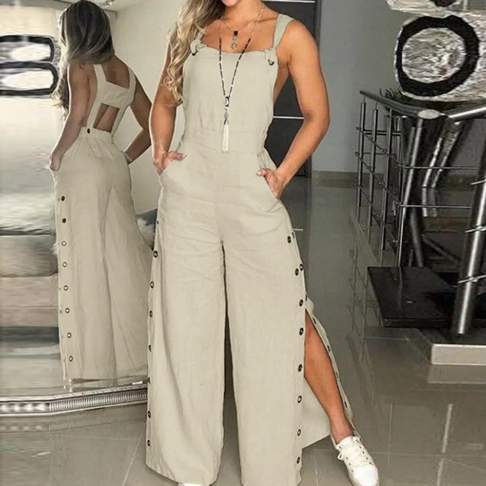 Sexy Suspender Straight Leg Jumpsuit Sleeveless Sexy Romper Lady Jumpsuit Side Pocket Slit Button Commuter Jumpsuit Causal Pants