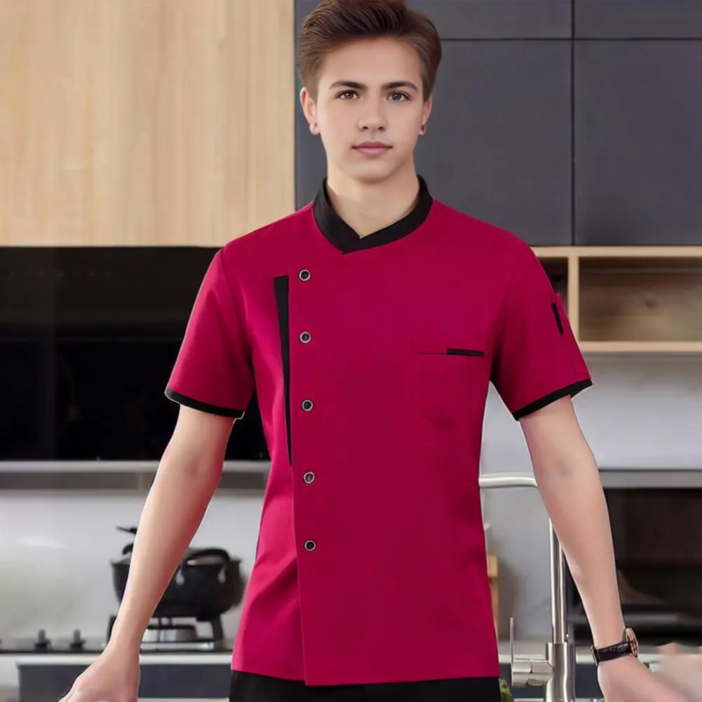 Unisex Chef Shirt Soft Stand Collar Short Sleeves Chest Pockets Restaurant Diner Kitchen Cook Top Bakery Hotel Waiter Uniform