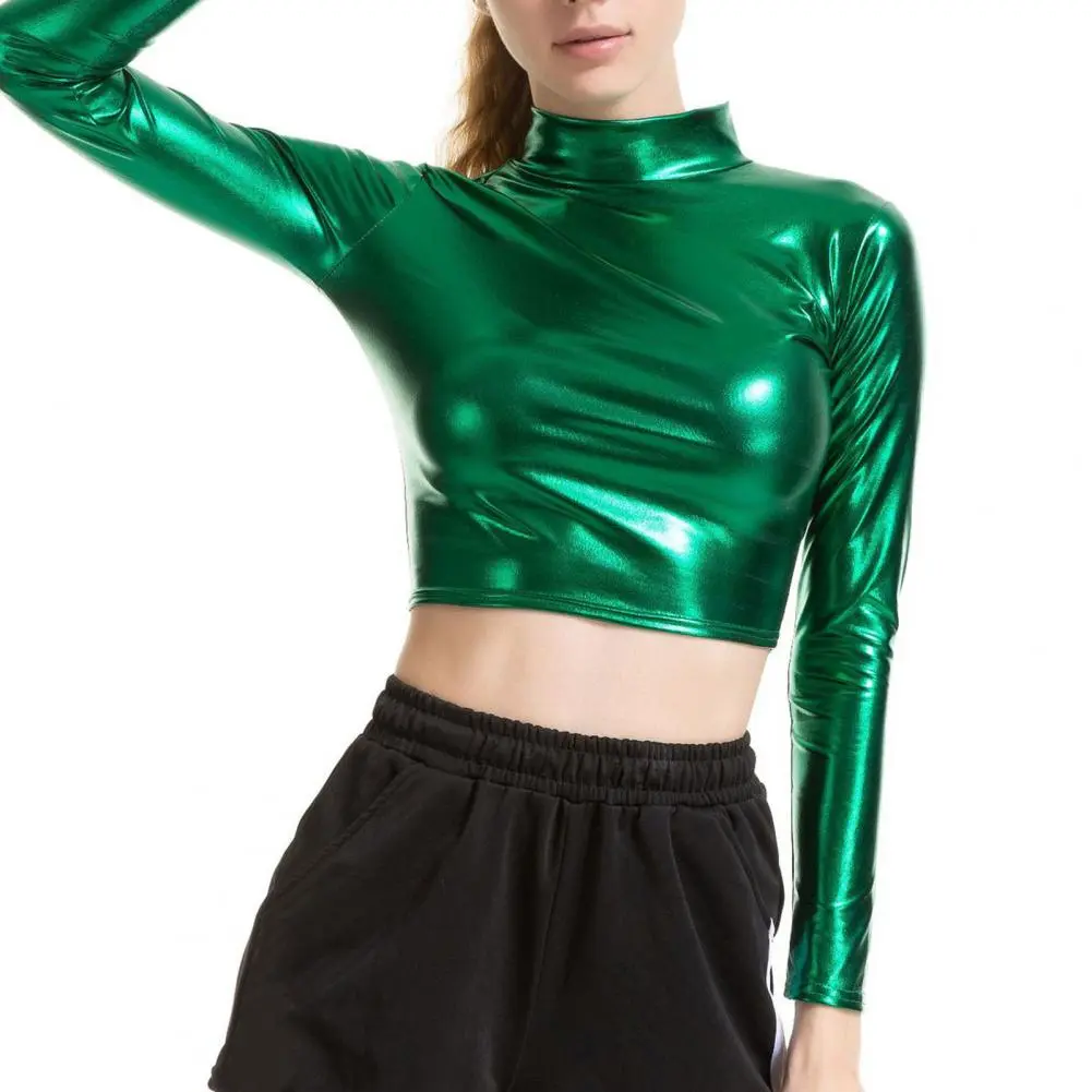 Glossy T-shirt Half-high Collar Glossy Surface Skinny crop top sexy skinny Long Sleeve Short Top Turtleneck Clubwear T shirt