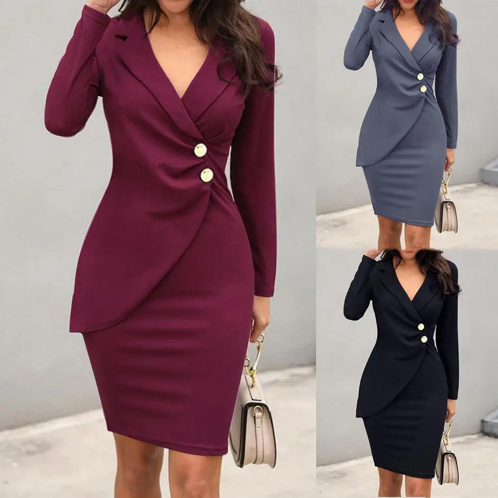 Elegant Office Lady Bodycon Button Long Sleeve Business Suit Midi Dress Polyester Women Solid Lapel Tight Hip Work Dress