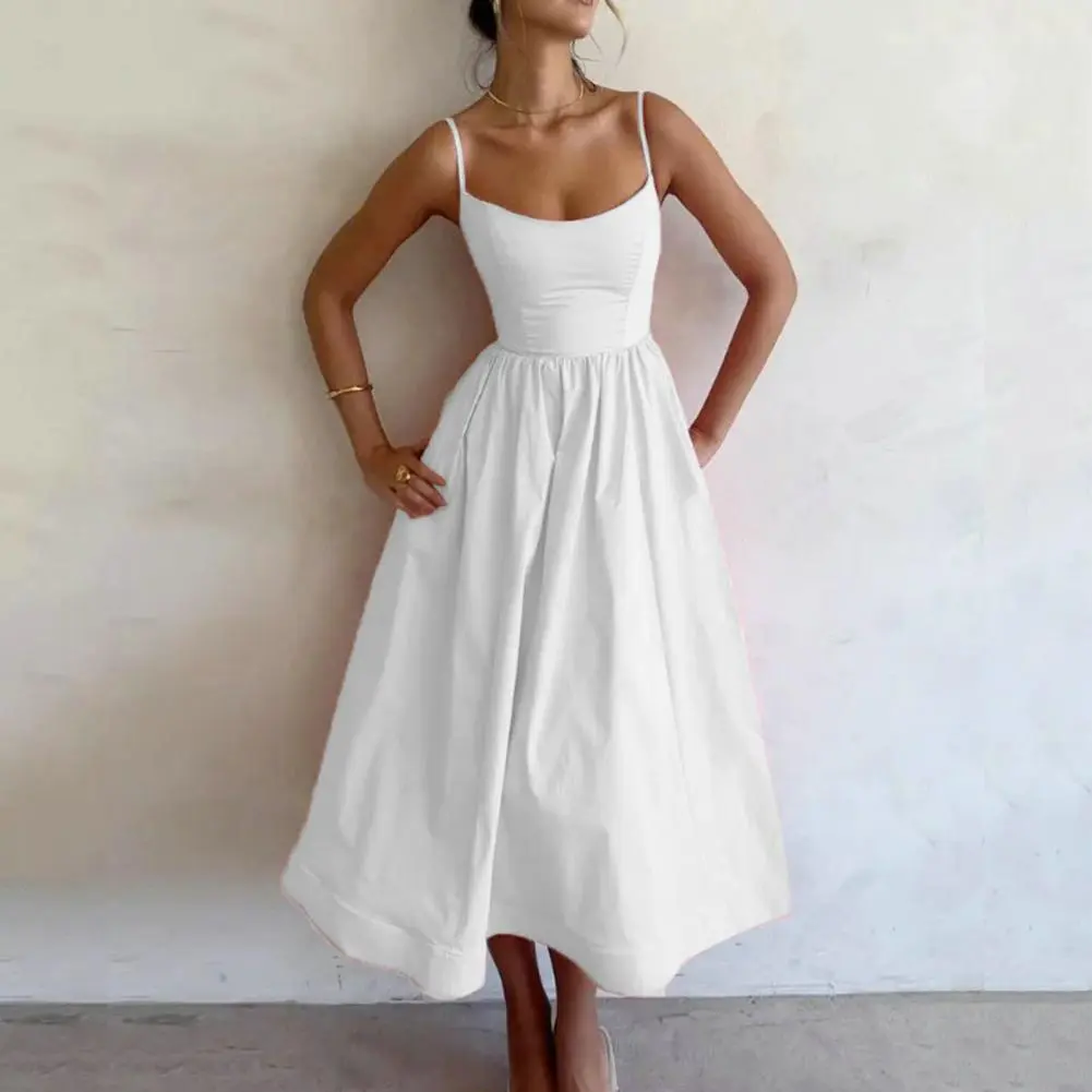 Spaghetti Strap Maxi Prom Dress Ballet Style Women Dress Sexy Tight Waist Sleeveless Backless Strappy Dress Party Midi Dress
