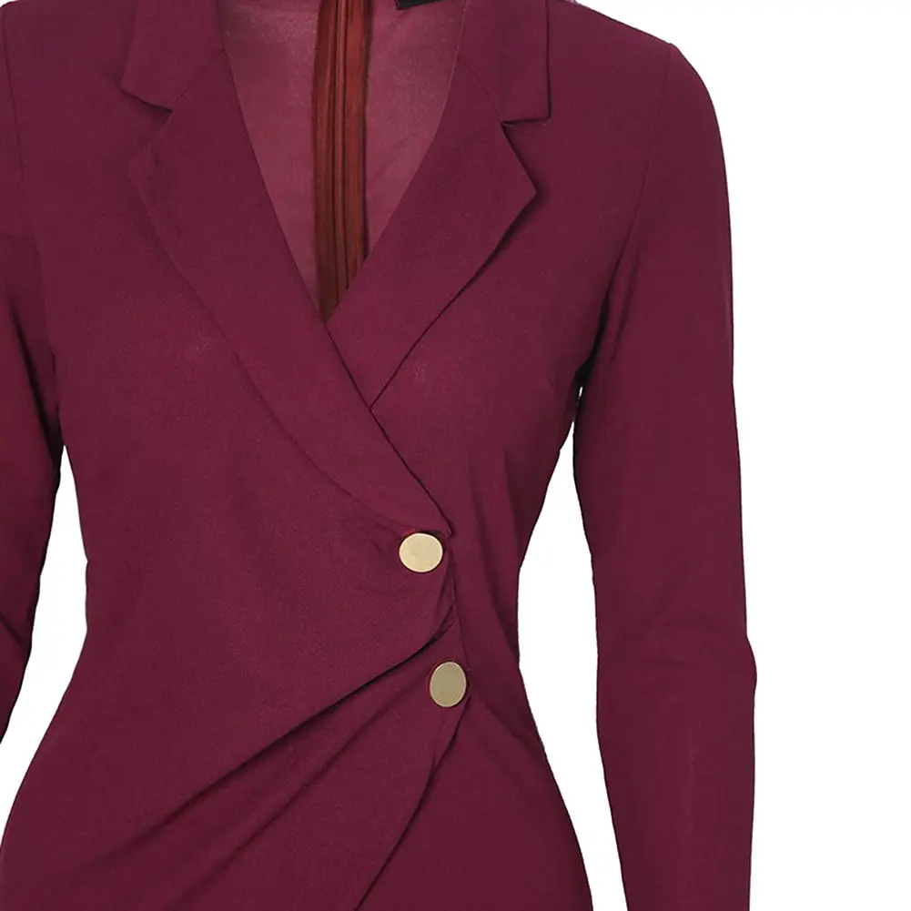 Elegant Office Lady Bodycon Button Long Sleeve Business Suit Midi Dress Polyester Women Solid Lapel Tight Hip Work Dress