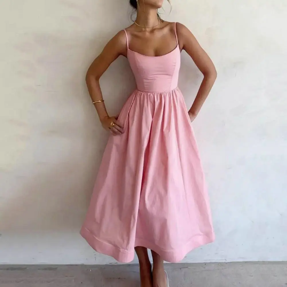 Spaghetti Strap Maxi Prom Dress Ballet Style Women Dress Sexy Tight Waist Sleeveless Backless Strappy Dress Party Midi Dress
