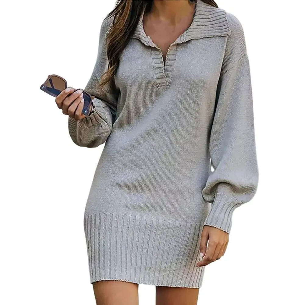 Women Sweater Dress Ribbed Edge V-Neck Lantern Long Sleeve Mini Knitted Pullover Dress Thickened Ribbed Trim Knitting Dress