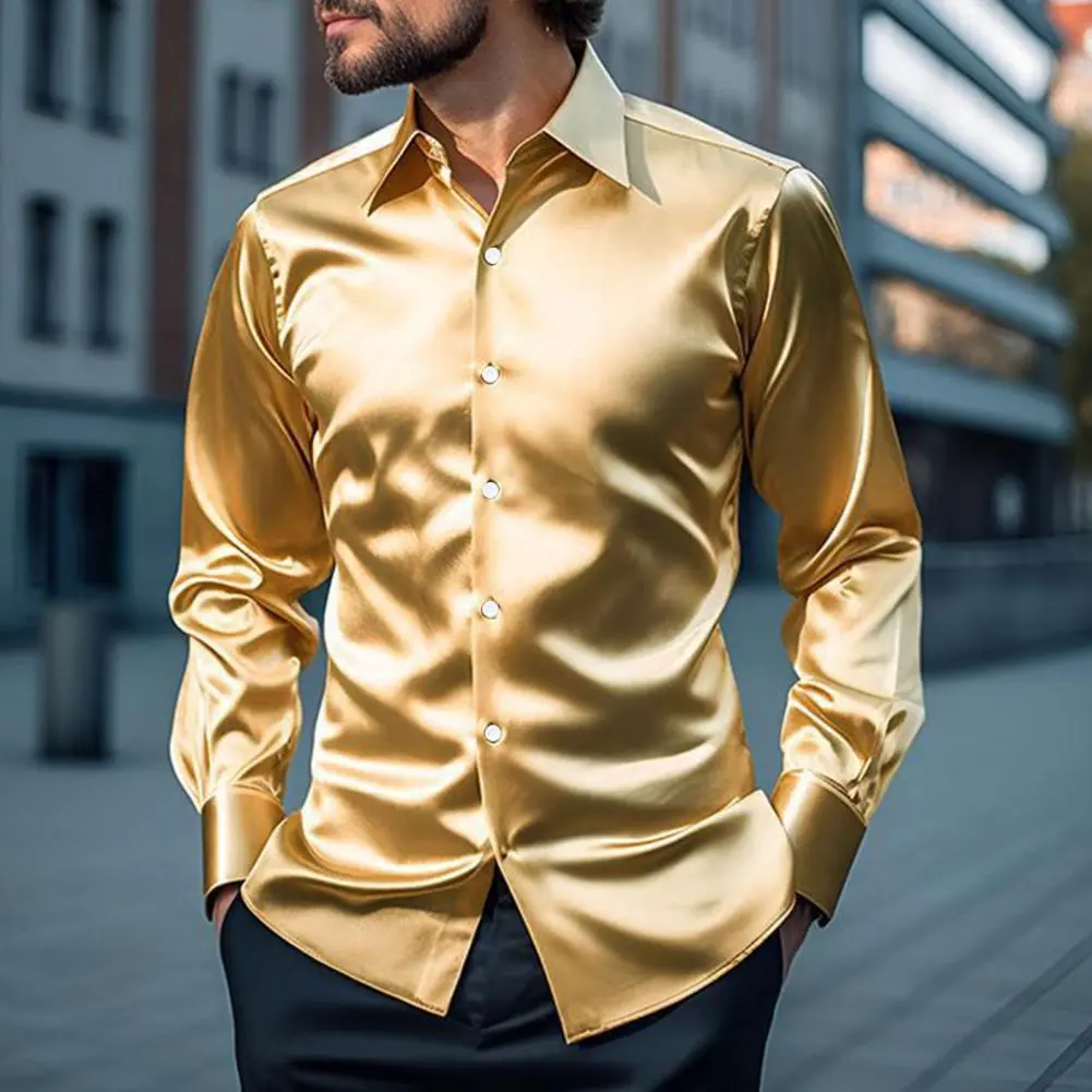 Men Business Shirt Satin Long Sleeve Turn-down Collar Button-up Shirt Spring Business Work Shirt Club Party Casual Men Shirts