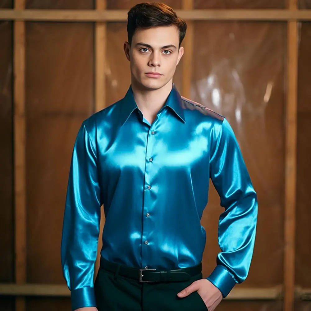 Men Business Shirt Satin Long Sleeve Turn-down Collar Button-up Shirt Spring Business Work Shirt Club Party Casual Men Shirts