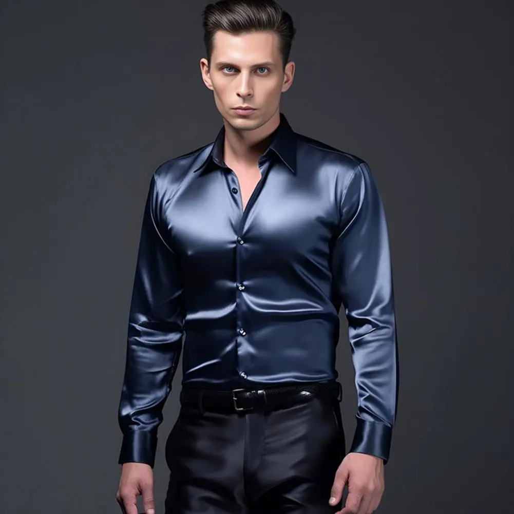 Men Business Shirt Satin Long Sleeve Turn-down Collar Button-up Shirt Spring Business Work Shirt Club Party Casual Men Shirts