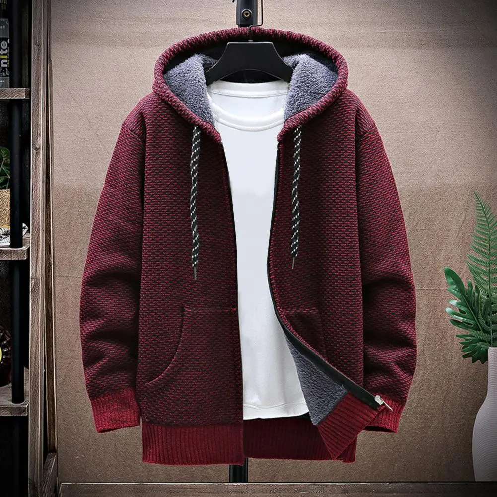 Thickened Plush Lining Knitted Sweater Coat Warm Pockets Men Hoodies Drawstring Hood Knitting Coat Casual Sweatshirts Streewear