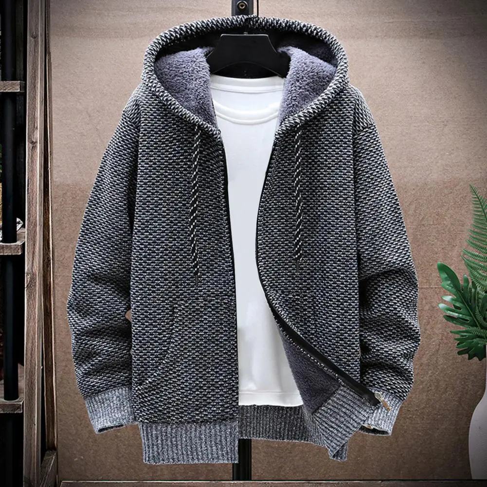 Thickened Plush Lining Knitted Sweater Coat Warm Pockets Men Hoodies Drawstring Hood Knitting Coat Casual Sweatshirts Streewear