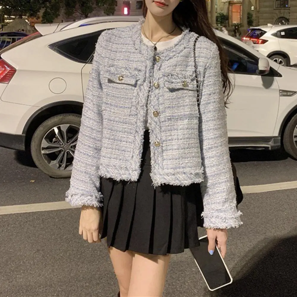 Celebrity Style Women Short Jacket Chic French Style Socialite Coarse Tweed Short Style Small Jacket Ripped Short Cardigan Coat