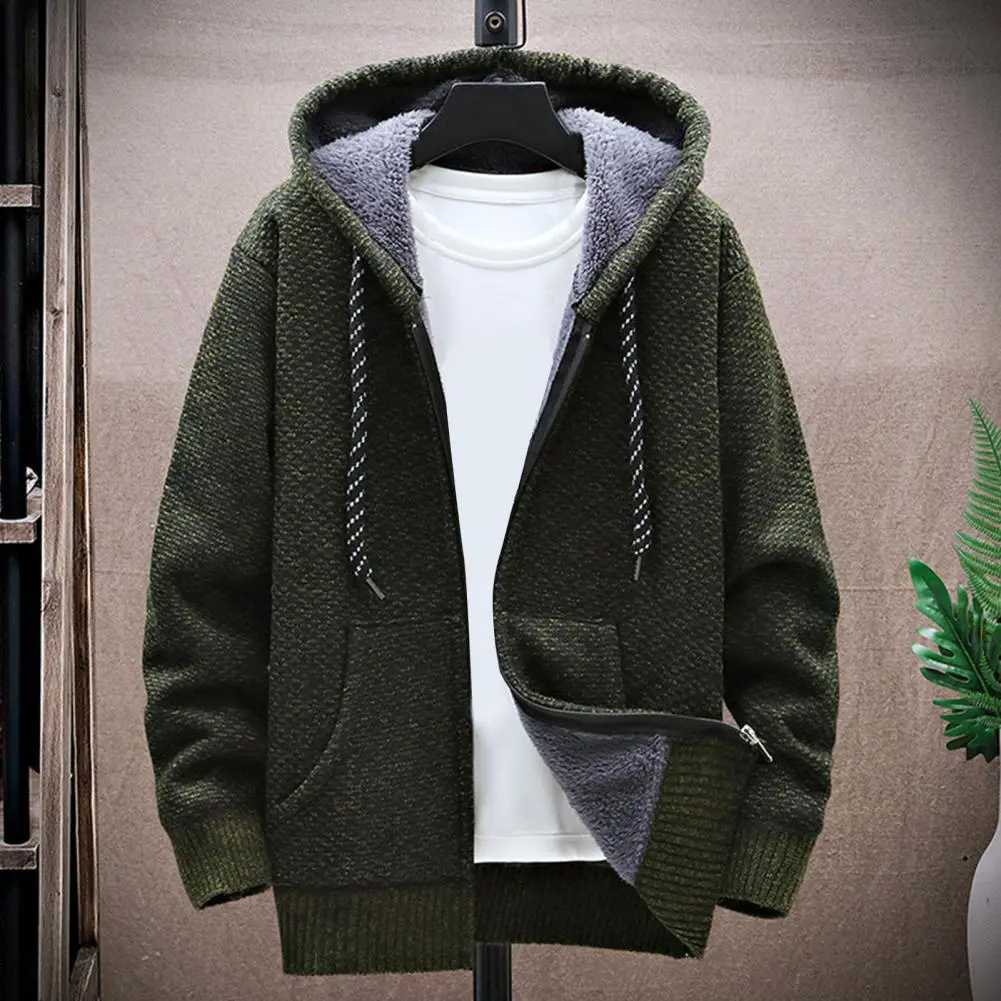 Thickened Plush Lining Knitted Sweater Coat Warm Pockets Men Hoodies Drawstring Hood Knitting Coat Casual Sweatshirts Streewear