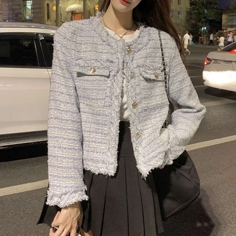 Celebrity Style Women Short Jacket Chic French Style Socialite Coarse Tweed Short Style Small Jacket Ripped Short Cardigan Coat