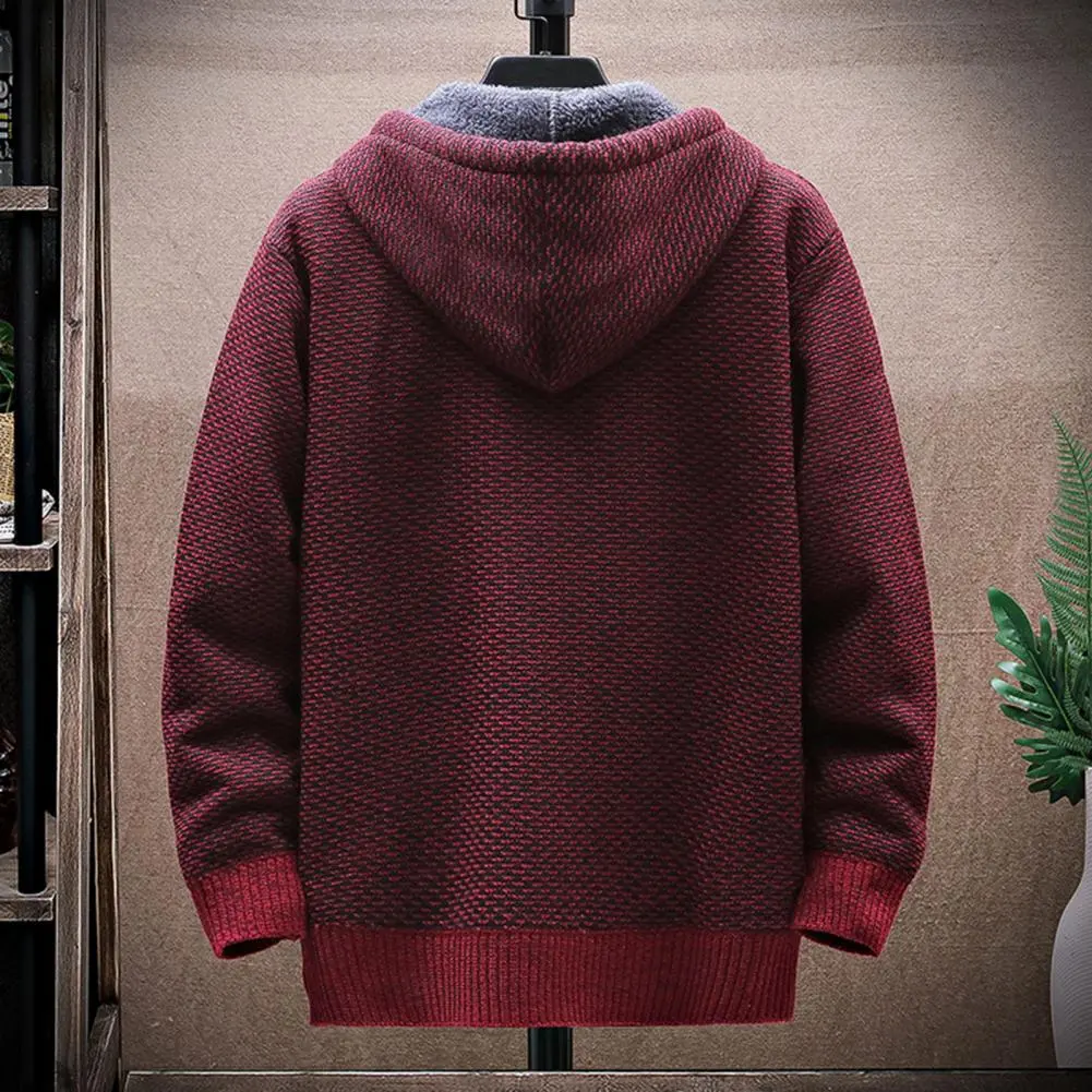 Thickened Plush Lining Knitted Sweater Coat Warm Pockets Men Hoodies Drawstring Hood Knitting Coat Casual Sweatshirts Streewear