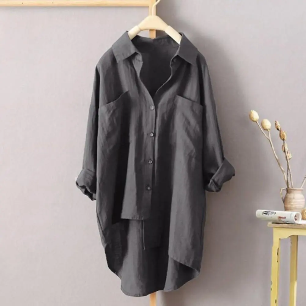 Women Blouses Office Lady Cotton Shirt Loose Fit Long Sleeve Double Pockets Longer Back Hemline Casual Shirt Tops Streetwear
