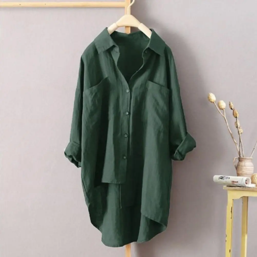 Women Blouses Office Lady Cotton Shirt Loose Fit Long Sleeve Double Pockets Longer Back Hemline Casual Shirt Tops Streetwear