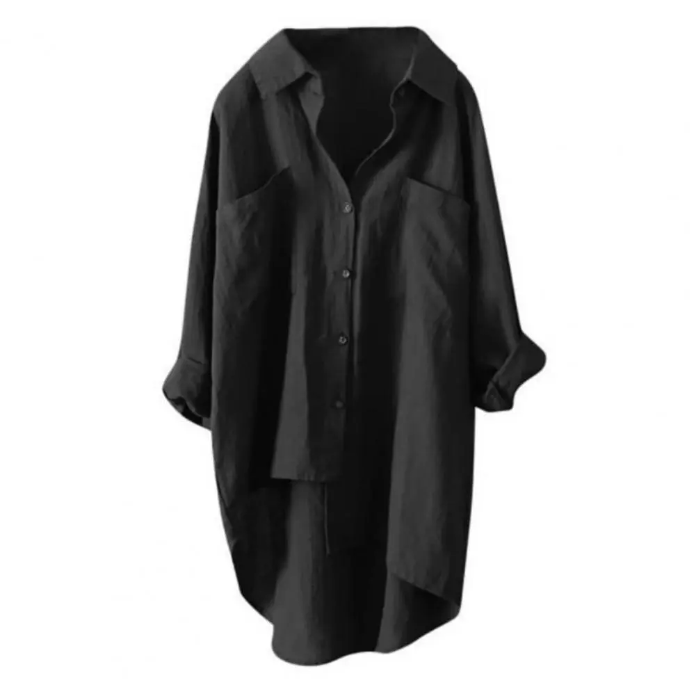 Women Blouses Office Lady Cotton Shirt Loose Fit Long Sleeve Double Pockets Longer Back Hemline Casual Shirt Tops Streetwear