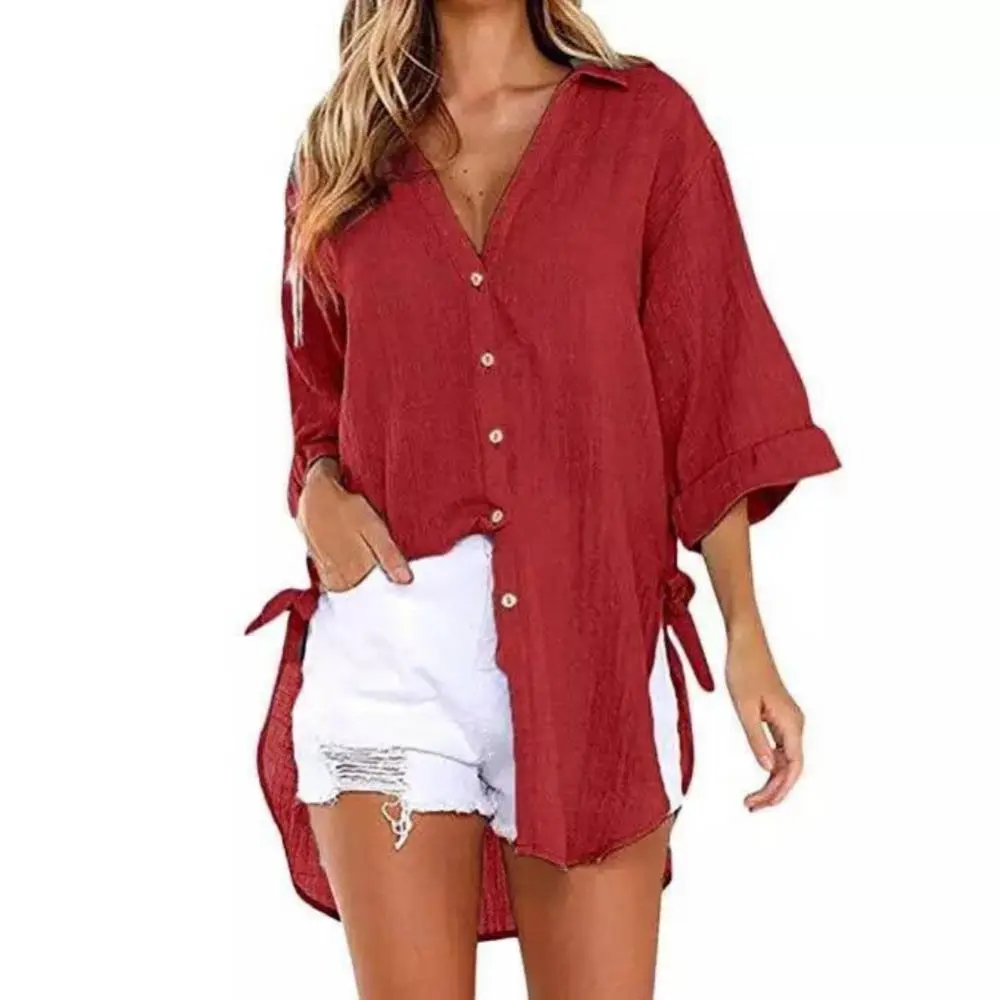 Loose  Woman Spring Autumn Blouses Shirt Long Sleeve Stand Collar Irregular Hem Belt Buttons Loose Shirt Women Blouse Top
