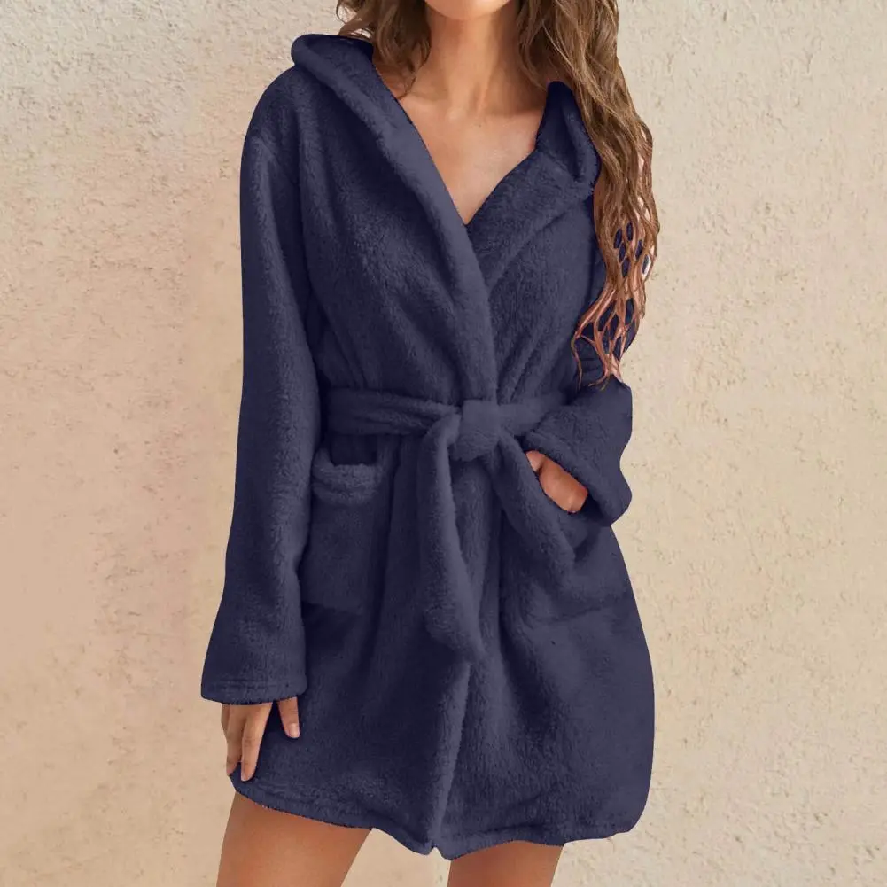 Plush Women Bathrobe Lace Up Women Winter Sleeping Gown Robes Sleepwear Cardigan Tight Waist Plush Water Absorption Nightgown