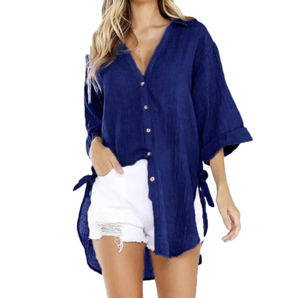 Loose  Woman Spring Autumn Blouses Shirt Long Sleeve Stand Collar Irregular Hem Belt Buttons Loose Shirt Women Blouse Top