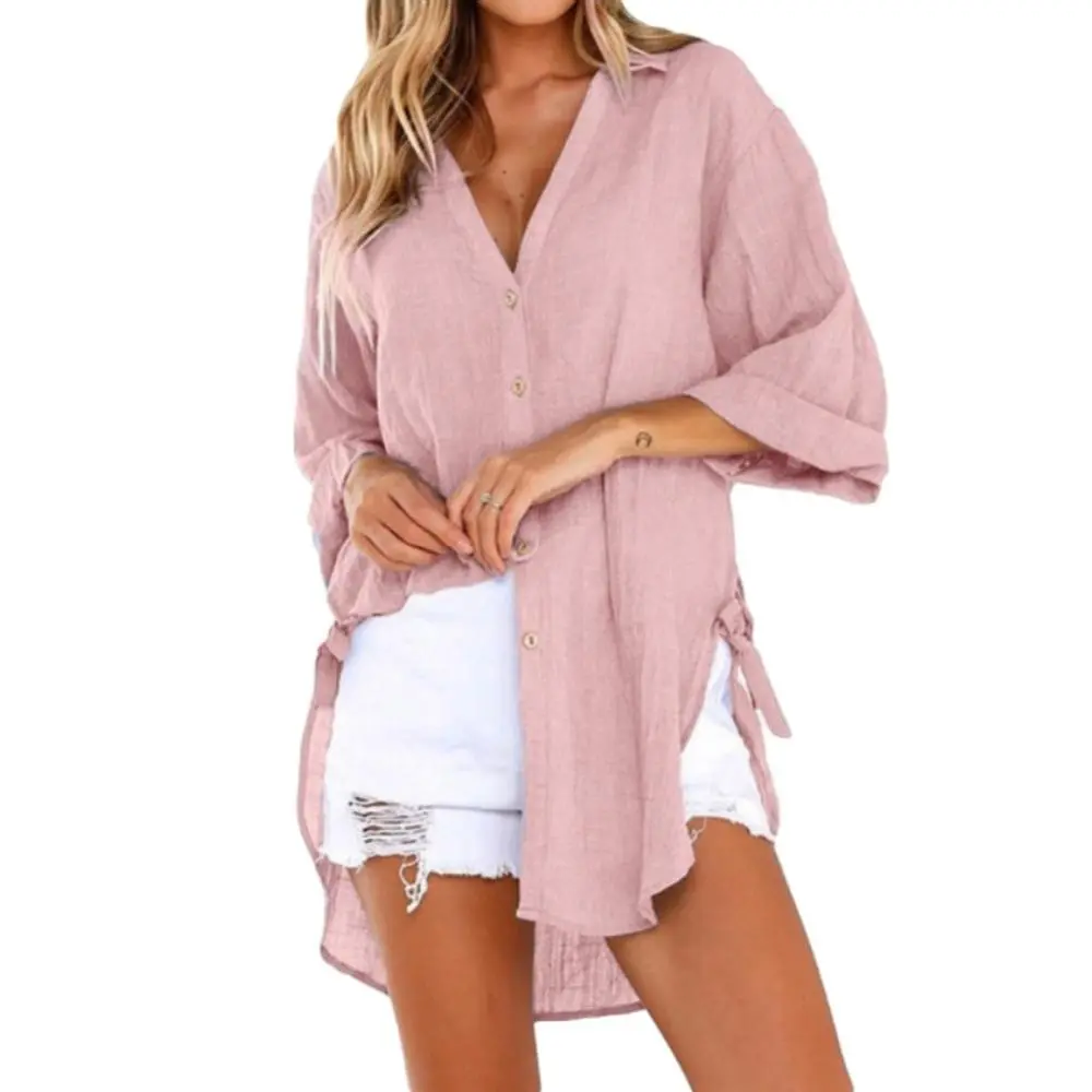 Loose  Woman Spring Autumn Blouses Shirt Long Sleeve Stand Collar Irregular Hem Belt Buttons Loose Shirt Women Blouse Top