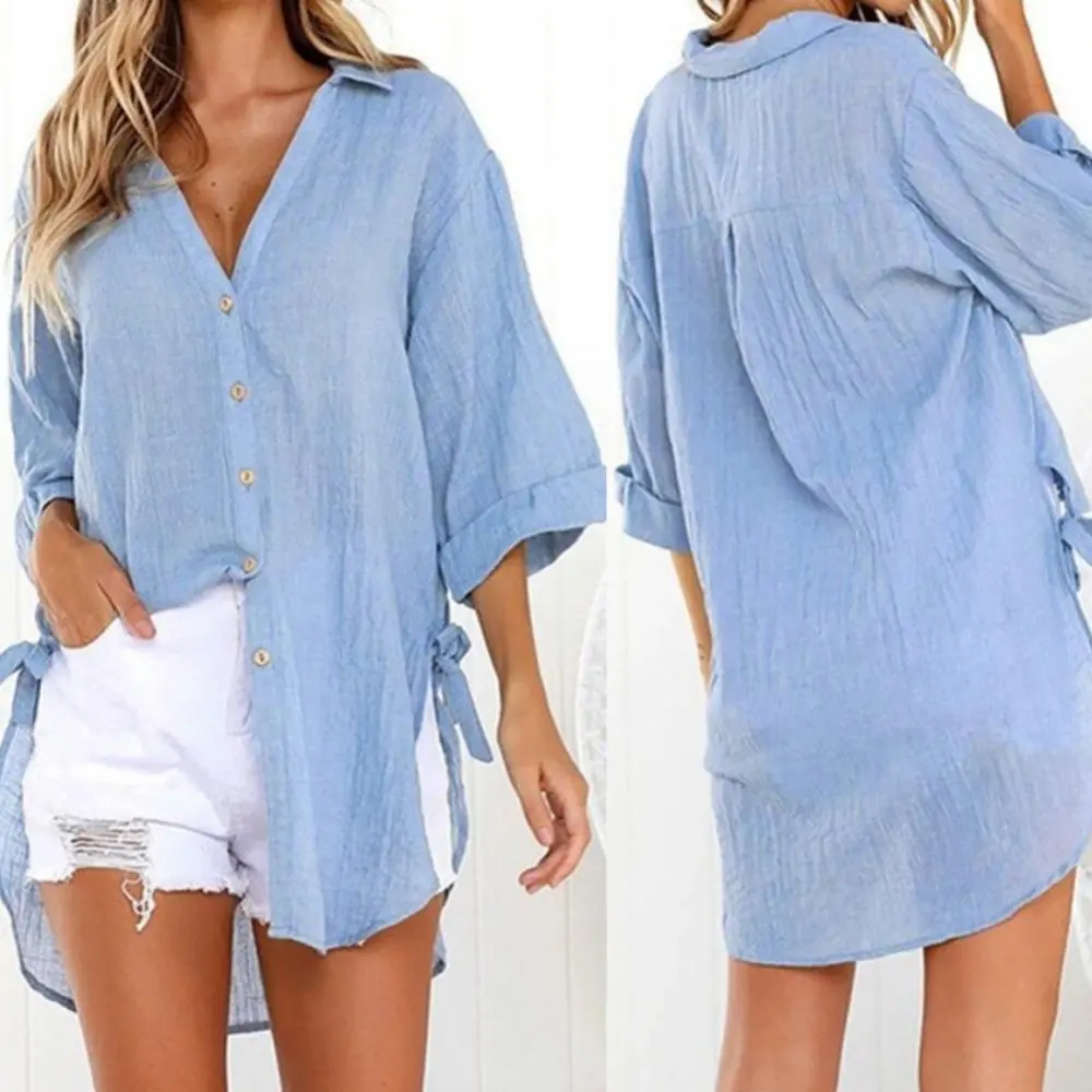 Loose  Woman Spring Autumn Blouses Shirt Long Sleeve Stand Collar Irregular Hem Belt Buttons Loose Shirt Women Blouse Top