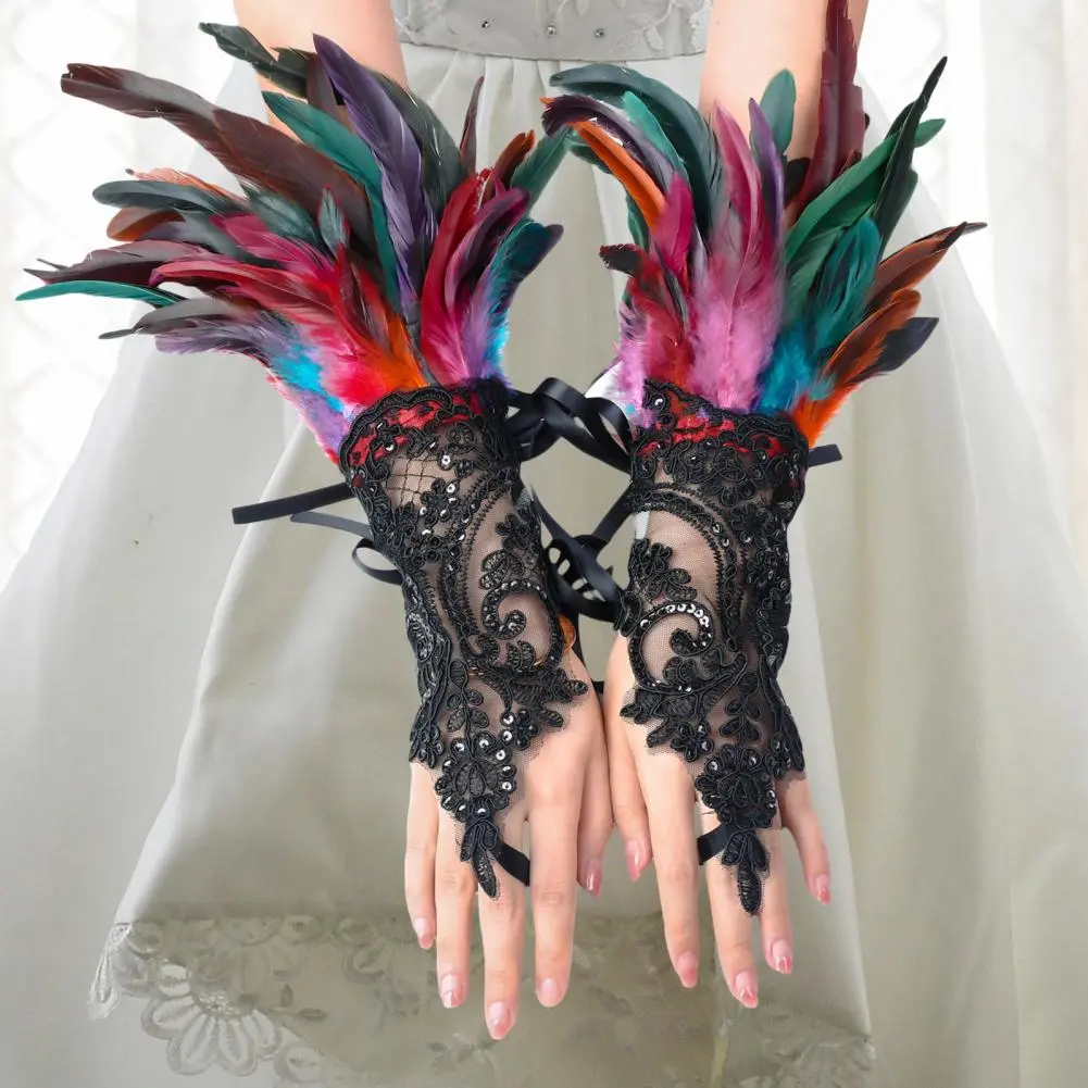 Ribbon Tie Feather Gloves Lace Wrist Cuffs Punk Gothic Gloves Feather Wrist Cuff Carnival Party Stage Show Embroidery Mitten