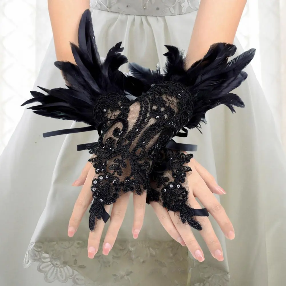 Ribbon Tie Feather Gloves Lace Wrist Cuffs Punk Gothic Gloves Feather Wrist Cuff Carnival Party Stage Show Embroidery Mitten
