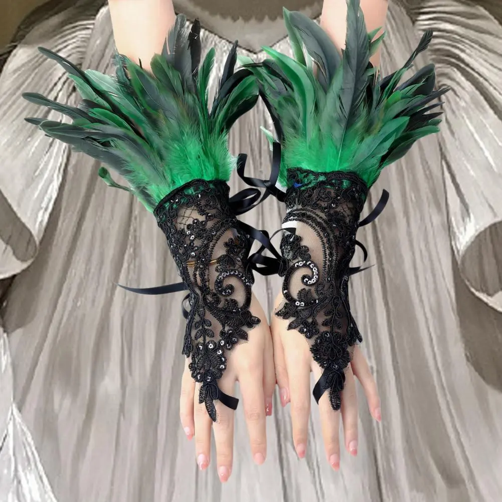 Ribbon Tie Feather Gloves Lace Wrist Cuffs Punk Gothic Gloves Feather Wrist Cuff Carnival Party Stage Show Embroidery Mitten