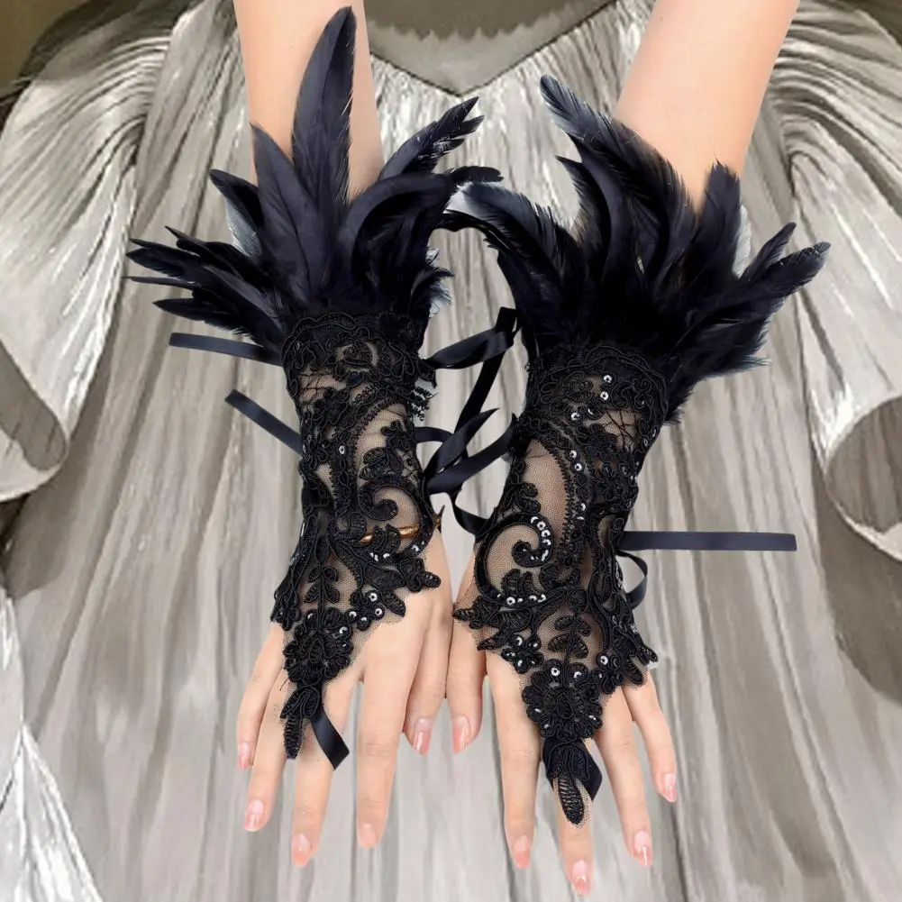 Ribbon Tie Feather Gloves Lace Wrist Cuffs Punk Gothic Gloves Feather Wrist Cuff Carnival Party Stage Show Embroidery Mitten