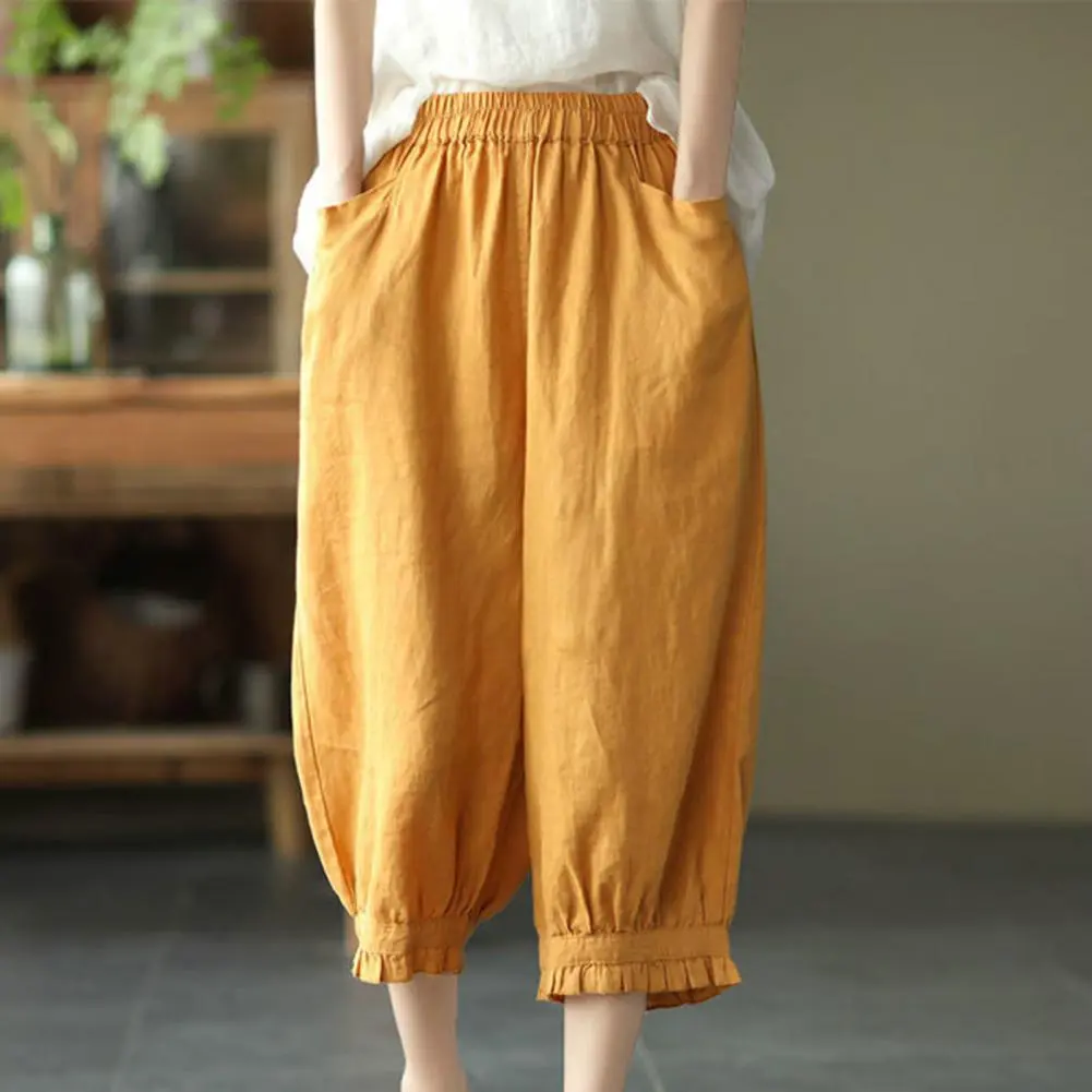 Cotton Linen Women Pants Solid Color Soft Breathable Elastic Waist Loose Harem Pants Linen Pants Summer Casual Ninth Trousers